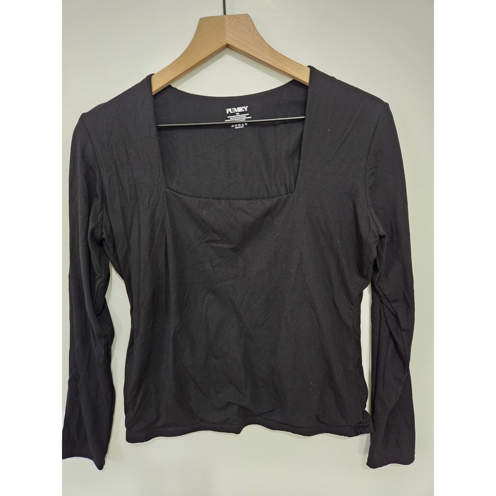 Pumiey Black Square Neck Long Sleeve Bodycon Top Size 2XL Polyamide Stretch